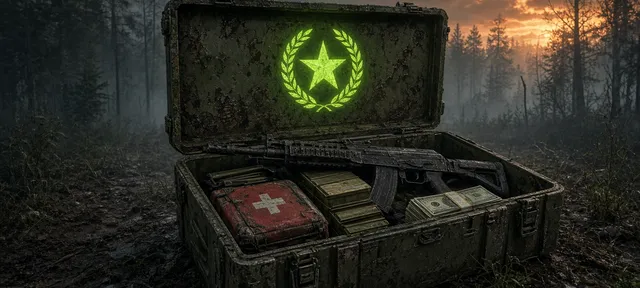 Caja de recompensas con el emblema de fama abierta en el bosque