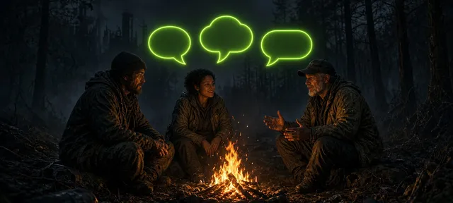 Tres sobrevivientes conversando alrededor del fuego con globos de diálogo