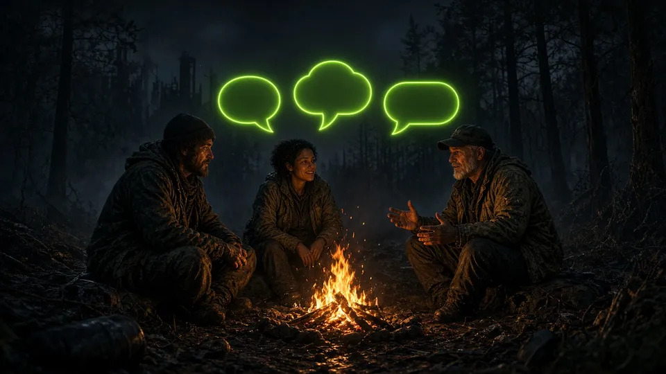 Tres sobrevivientes conversando alrededor del fuego con globos de diálogo